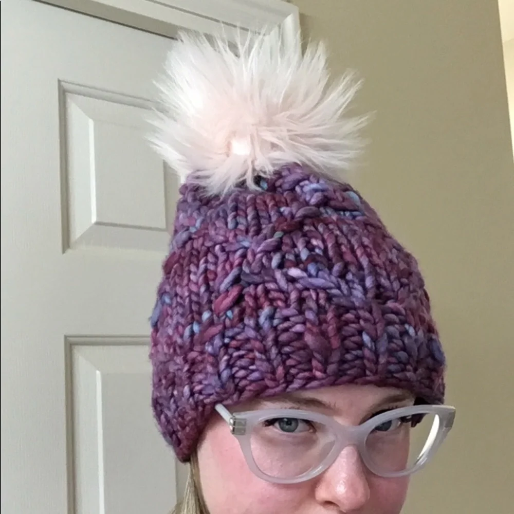 Hand Knit Merino Wool Beanie Hat With Faux Fur Pom